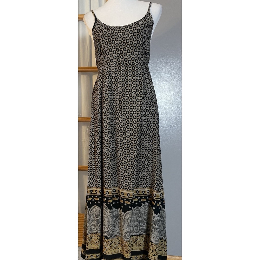 70s Nina Piccalino Floral Maxi Dress Sz 10 Beige Gray Sleeveless USA Made Boho